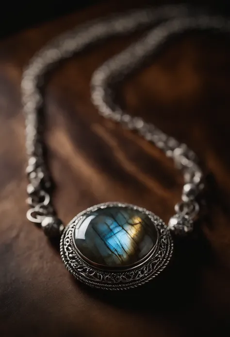 On the table is placed a necklace with a unique design made of natural labradorite,(choker necklace),4k高清,(Real Photographics),Masterpiece, Best quality