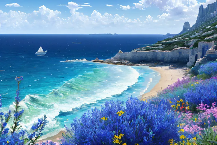 paysage futuriste, Eau bleu azur,fleurs  (Highly detailed CG Unit 8k wallpaper), The most beautiful work of art in the world, Professional majestic oil painting, complexe, High detail, mise au point nette, dramatique, Art of photorealist painting,