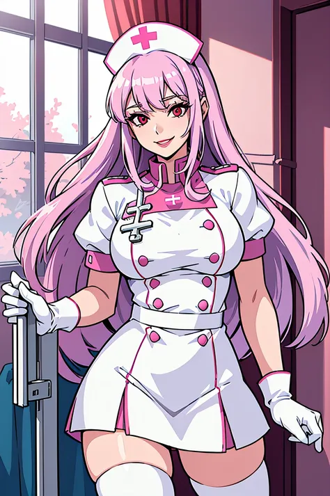 1woman, nurse, nurse cap, white wear, ((white legwear, zettai ryouiki)), white gloves, long hair, purple hair, red eyes, pink li...