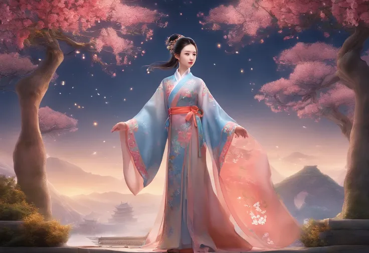 tmasterpiece，超高分辨率，Photorealistic photos，the night，Full body portrait of a Chinese fairy，Delicate face，Delicate hair accessories，Barefoot，Float in the air，Look up at the perspective，Huge palace，The Milky Way and the Giant Moon，Gauze skirt Hanfu，an osmanthu...