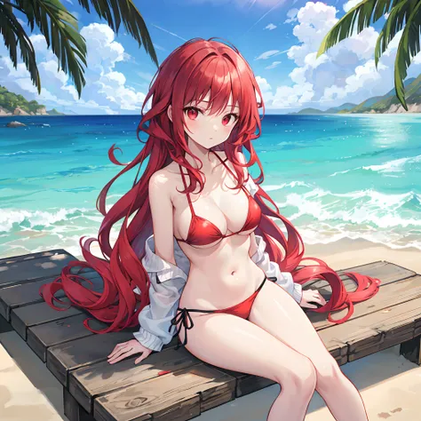 Wavy red hair、red eyes、Beautiful girl alone、Light blue bikini、sitting on、gravure、a park