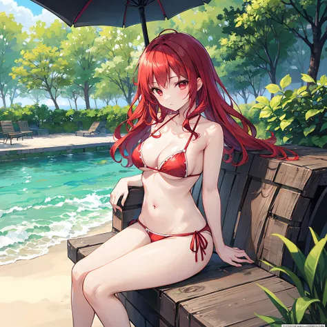 Wavy red hair、red eyes、Beautiful girl alone、Red bikini、sitting on、gravure、a park