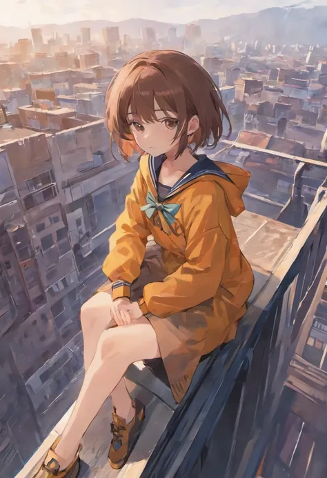 Short brown hair JK sailor suit girl，Sit sideways on the rooftop of the building，beautiful weather，Top view