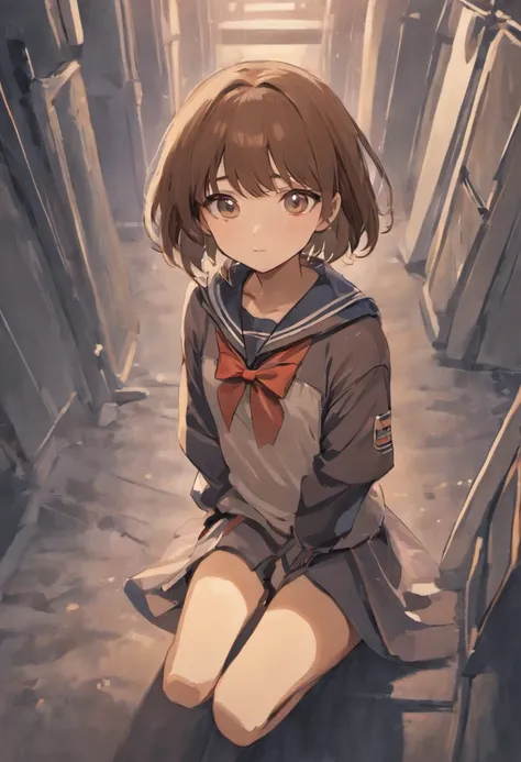 Short brown hair JK sailor suit girl，sat on the ground