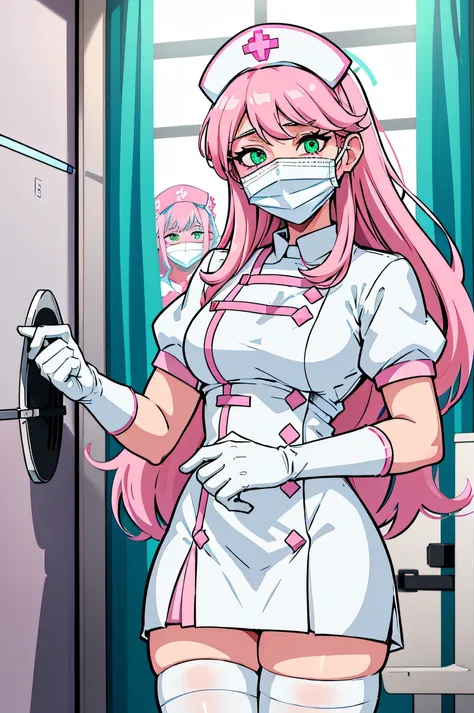 1woman, nurse, nurse cap, white wear, ((white legwear, zettai ryouiki)), white gloves, drooping eyes, green eyes, pink hairs, ((...