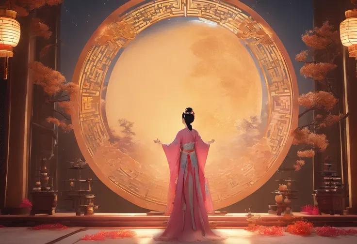 tmasterpiece，超高分辨率，Photorealistic photos，the night，Full body portrait of a Chinese fairy，Delicate face，Delicate hair accessories，Barefoot，Float in the air，Look up at the perspective，Huge palace，The Milky Way and the Giant Moon，Gauze skirt Hanfu，an osmanthu...