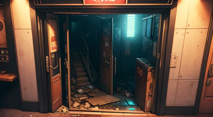 first person view of a door of a bar in the cyberpunk city destroyed