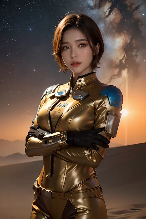 top-quality、​masterpiece、超A high resolution、(realisitic:1.4)、Beautuful Women１、Beautiful detail eyes and skin、ssmile、Light brown short-cut hair、The perfect spacesuit、spaceships、Mysterious planet、Red sky、sandstorm、