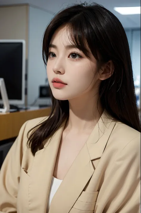 High-res, Realistic portrait of professional korean office lady with perfect skin，Professional suits，Womens suits，stand posture，The upper part of the body，Women in the workplace，Show confidence and maturity, Surrounded by a modern corporate environment, Vi...