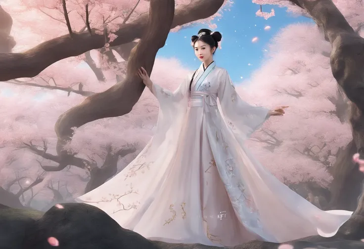 tmasterpiece，超高分辨率，Photorealistic photos，the night，Full body portrait of a Chinese fairy，Delicate face，Delicate hair accessories，Barefoot，Float in the air，Look up at the perspective，Huge palace，The Milky Way and the Giant Moon，Gauze skirt Hanfu，an osmanthu...