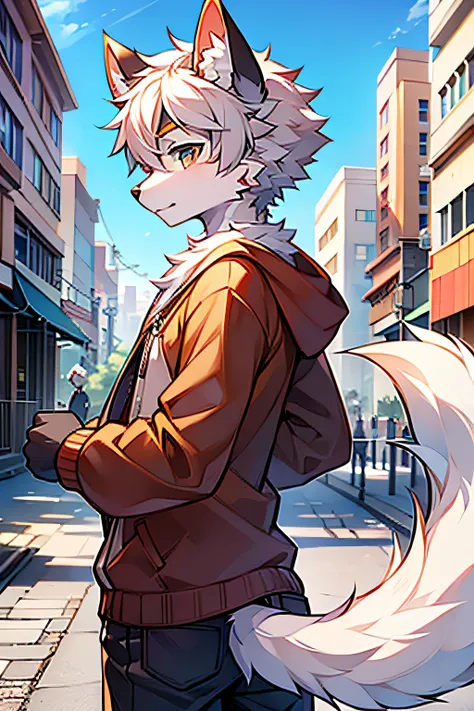 Furry male wolf，furred，bodyfur，城市，the street，独奏，longer sleeves，horizon，BREAK BREAK BREAK，AOEU，vectorial，Line art，CasualClothing，Young style，Particularly handsome，has a tail，one meter seven，16 yaers old