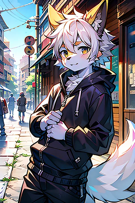 Furry male wolf，furred，bodyfur，城市，the street，独奏，longer sleeves，horizon，BREAK BREAK BREAK，AOEU，vectorial，Line art，CasualClothing，Young style，Particularly handsome，has a tail，one meter seven，16 yaers old，Blue-yellow heteropupils