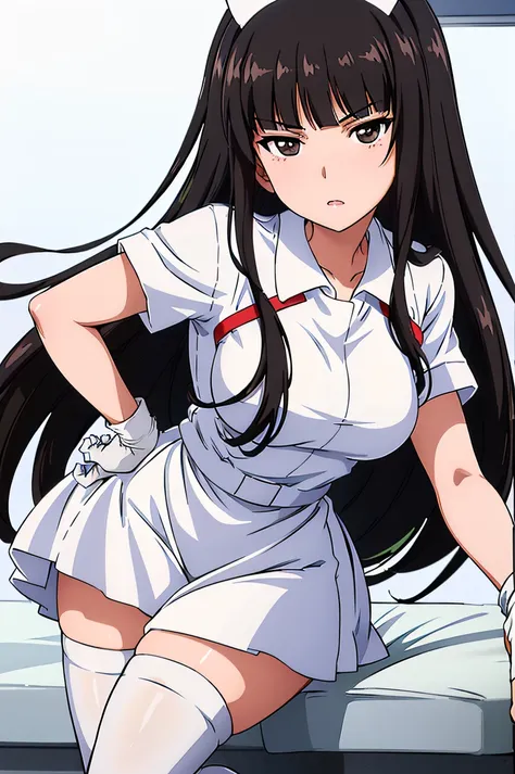 nishizumi shiho, alternate costume, long hair, black hair, blunt bangs, solo, nurse, ((white nurse cap, white nurse's outfit)), ...