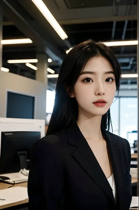 High-res, Realistic portrait of professional korean office lady with perfect skin，Professional suits，Womens suits，stand posture，The upper part of the body，Women in the workplace，Show confidence and maturity, Surrounded by a modern corporate environment, Vi...