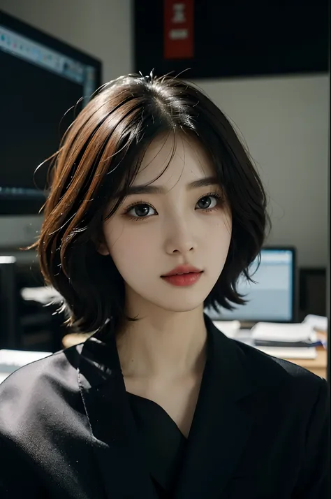 High-res, Realistic portrait of professional korean office lady with perfect skin，Professional suits，Womens suits，stand posture，The upper part of the body，Women in the workplace，Show confidence and maturity, Surrounded by a modern corporate environment, Vi...