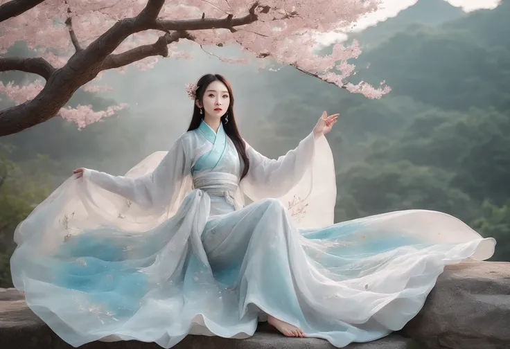 tmasterpiece，超高分辨率，Photorealistic photos，the night，Full body portrait of a Chinese fairy，Delicate face，Delicate hair accessories，Barefoot，Float in the air，Look up at the perspective，Huge palace，The Milky Way and the Giant Moon，Gauze skirt Hanfu，an osmanthu...