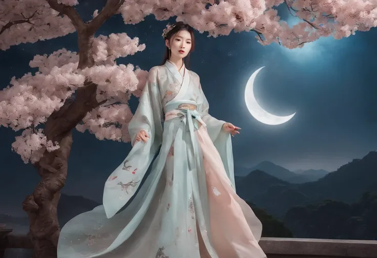 tmasterpiece，超高分辨率，Photorealistic photos，the night，Full body portrait of a Chinese fairy，Delicate face，Delicate hair accessories，Barefoot，Float in the air，Look up at the perspective，Huge palace，The Milky Way and the Giant Moon，Gauze skirt Hanfu，an osmanthu...