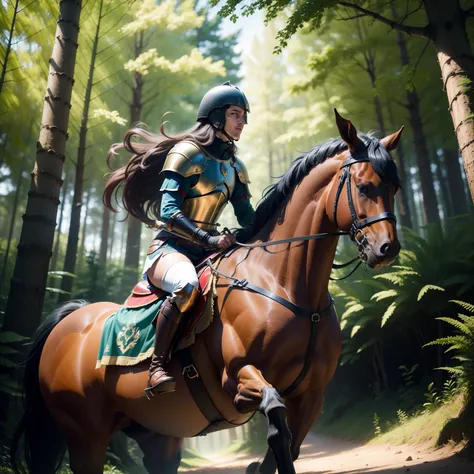 Jousting horse,interesting perspective,dynamique,in a forest,high quality,8k