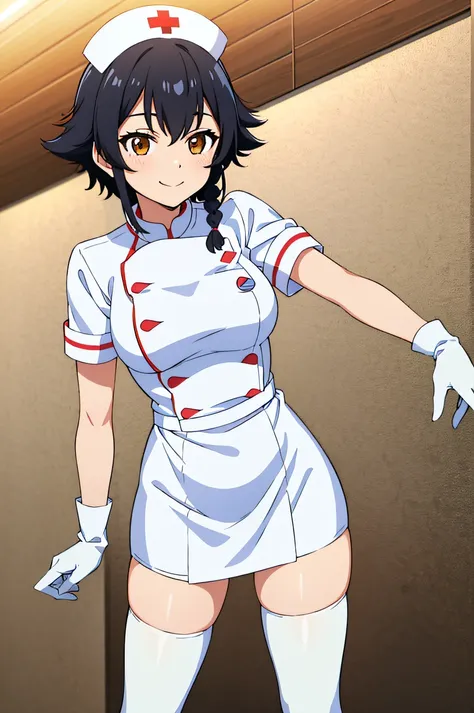 Pepperoni, black Hair, Short Hair, Side Braid, brown Eyes, solo, nurse, ((white nurse cap, white nurses outfit)), ((white legwear, zettai ryouiki)), white gloves, smile, standing, hospital room, sharp outline, short sleeves, best quality, masterpiece