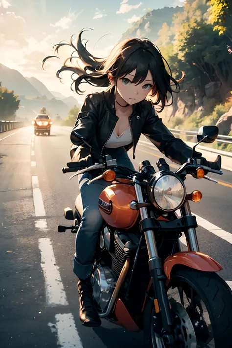 (Motion Effect:1.5)、（Motion Blur:1.4）parchment、absurderes、ultra res、ultra-detailliert、（bokeh dof:1.8）、accurate depiction、Beautiful depiction、Overhead view、beautiful a girl、thin-waist、The roar of a motorcycle engine、
A moment to challenge the winding road。
...