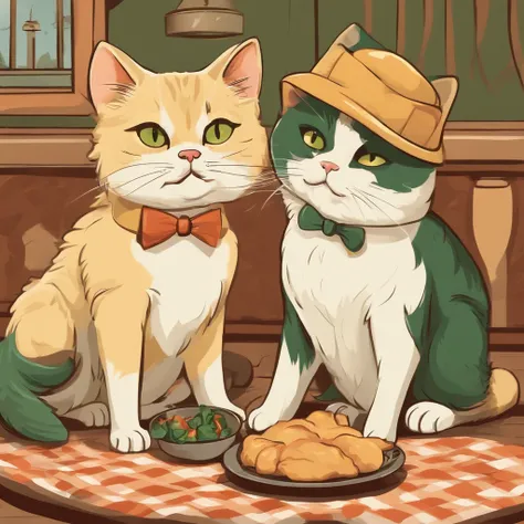 A cat and a dog are eating chicken, happy expression, American cartoon style, retro style, light yellow and dark green,