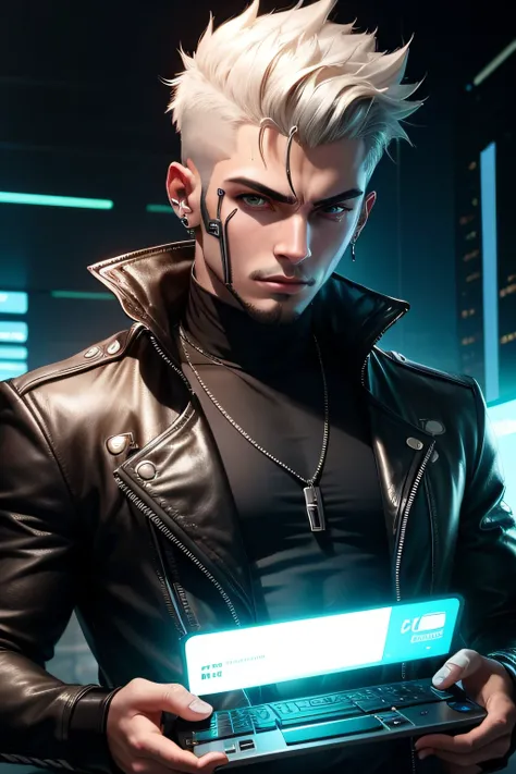 personagem masculino, cyber punk, tech, segurando um smartphone, gamer