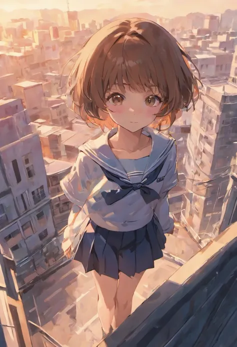 Brown short hair JK sailor suit short skirt girl，Crouch on the rooftop，beautiful weather，Top view