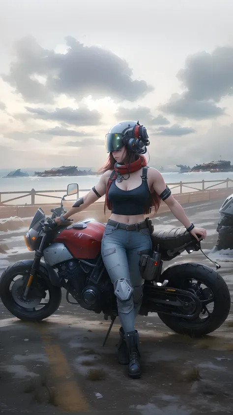 Hermosa mujer, voluptuoso cuerpo entero, Usando casco de moto que oculta su rostro, usando armadura estilo ciberpunk ,condenar, Warhammer 40.000 precioso y hundido, sculptural body, casco de moto cyberpunk, usando mecha de metal desgastado, rojo y blanco, ...