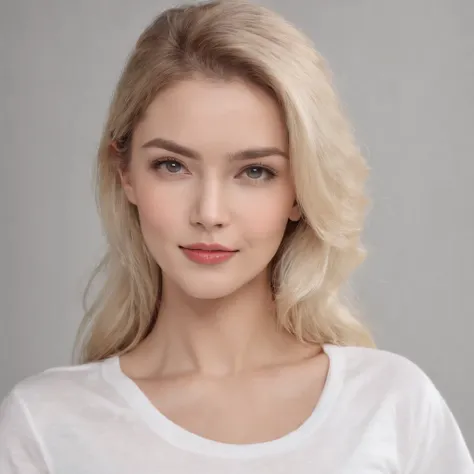 (photo: 1.3) af (realism: 1.4), (((white T-shirt))), (blond lady), super high resolution, (realism: 1.4), 1 girl, female avatar, soft light, Black hair, smile, facial focus, cheerful, young, confident, ((gray background)), (((monochrome background))), high...