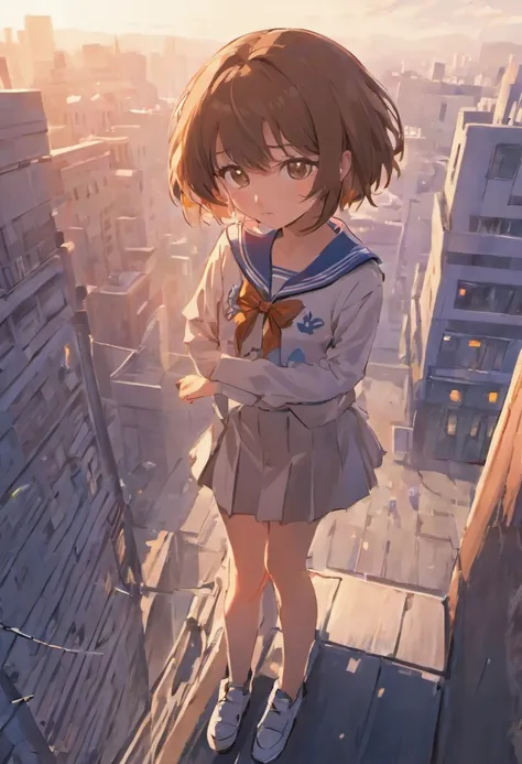 Short brown hair，White JK sailor suit short skirt girl，Sit on the rooftop of the building，beautiful weather，Top view