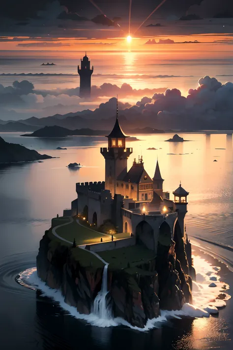 Late Century，the setting sun，There are five floating islands in the sky，Hanging Island，Tyndall Light，Clouds，a medieval castle，Cold and warm contrast，超高分辨率, (Masterpiece:1.4), ultra - detailed,  Look up， the space, afloat， --v 6