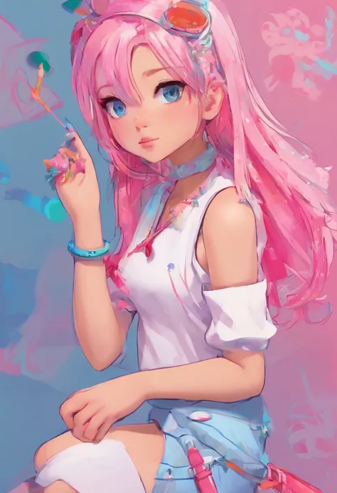 "In pink+Long powder blue gradient hair+Cyberpunk mecha style，blue color eyes，Three cool 8 year old boys and girls，male people，A boy grows a girls face，Female face，Young，Lie down in bed，hugs，Kiss，Mouth-to-mouth，Tongue stock，Hands reach into clothes，Wear wh...