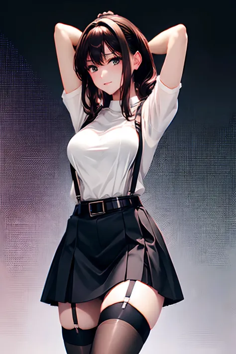 Black skirt, 　suspenders, Brown hair Gray eyes, Garter belt on the legs, Tight clothes, 　　 a belt　Armpit sweat　　Dark look　Moderately breasts　holster　chain　　poneyTail