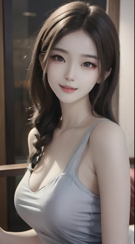 araffe asian woman with long hair and a gray tank top, gorgeous chinese model, gorgeous young korean woman, beautiful asian girl, lovely delicate face, pale milky white porcelain skin, friendly seductive smile, beautiful south korean woman, cute seductive ...