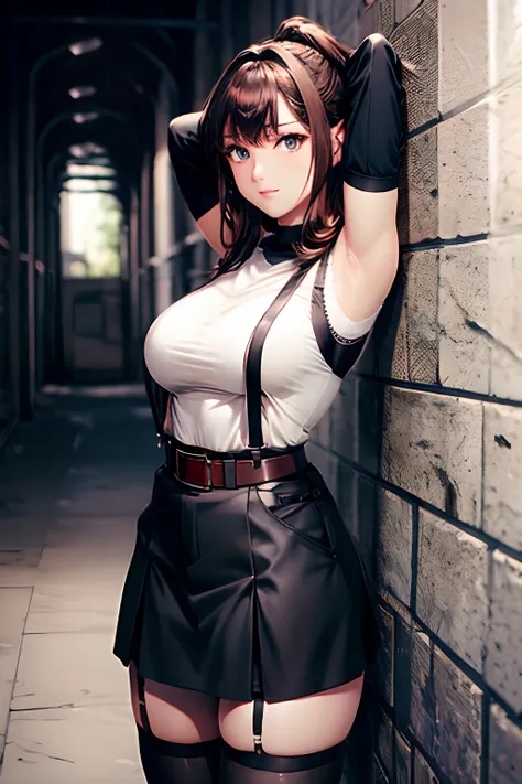 Black skirt, 　suspenders, Brown hair Gray eyes, Garter belt on the legs, Tight clothes, 　　 a belt　Armpit sweat　　Dark look　Moderately breasts　holster　chain　　poneyTail