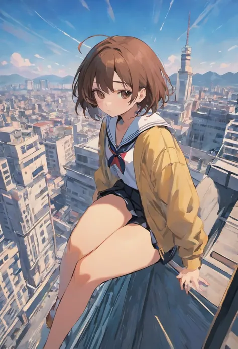 Short brown hair，White JK sailor suit short skirt girl，Sit sideways on the rooftop of the building，beautiful weather