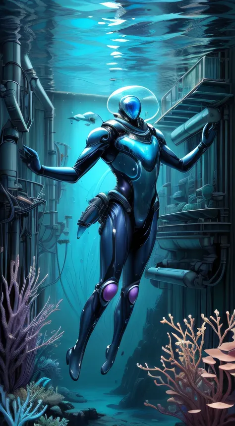 hydrotech,biophylltech, 1 alien man wearing colorful dive suit, exploring utopian under water organic garden, bioluminescent, tr...