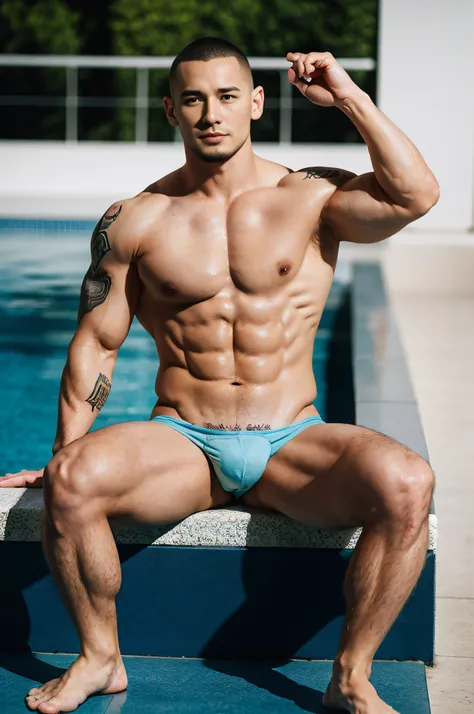 Manly，Gay，vast pecs，Abs，Naked upper body，Tong, See-through,, pool-side, Dynamic pose, Bulge, Muscular, (Tattooed with)，thick leg，the feet，Realistic, Masterpiece, Intricate details, Detailed background, Depth of field, Photo of a handsome man,(buzz cut),（（（...