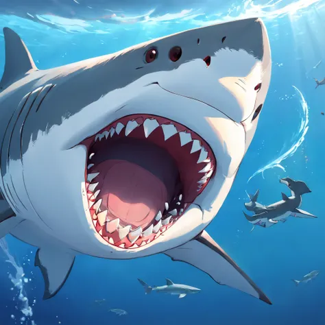 Great white shark，Cartoony，Open mouth，dentes pontiagudos，Flush out of the water