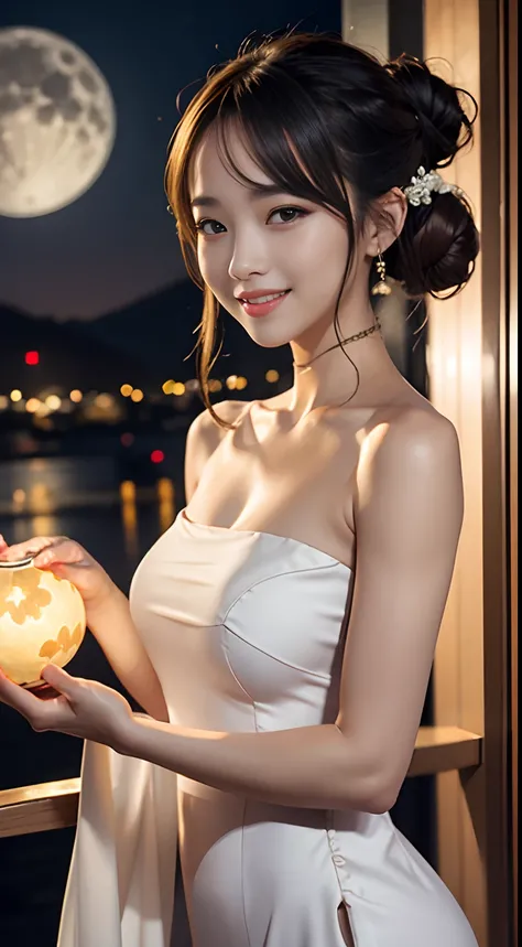 1girl, big moon, upper body, cinematic, Mid-autumn festival, smiling, close lips, chinesse white dress, look at view, long hair, bun hair,