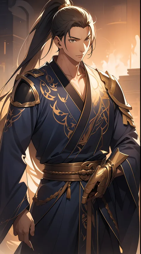 quadratic element，style of anime，mtu（Male Warrior），The proportions are correct，Face details，swordsmen，High ponytail hairstyle，Neck details，There is an Adams apple，Blue suit，kaftan，long blue robes，clothes details，Handing over，longer sleeves，Game quality，Swo...