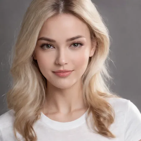 (photo: 1.3) af (realism: 1.4), (((white T-shirt))), (blond lady), super high resolution, (realism: 1.4), 1 girl, female avatar, soft light, Black hair, smile, facial focus, cheerful, young, confident, ((gray background)), (((monochrome background))), high...