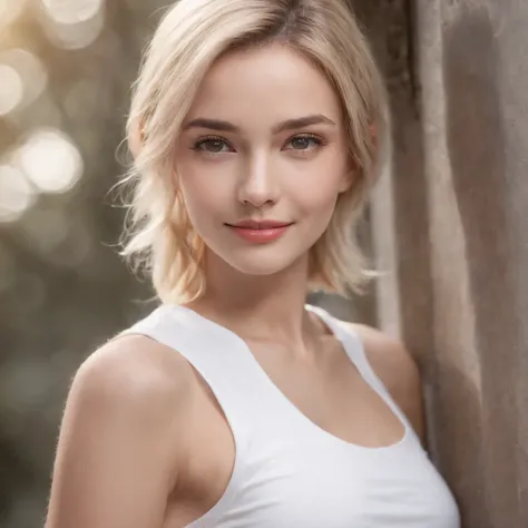 (photo: 1.3) af (realism: 1.4), (((white T-shirt))), blonde, (short-haired lady), super high resolution, (realism: 1.4), 1 girl, female avatar, soft light, black hair, smile, facial focus, cheerful, young, confident, ((gray background)), (((monochrome back...