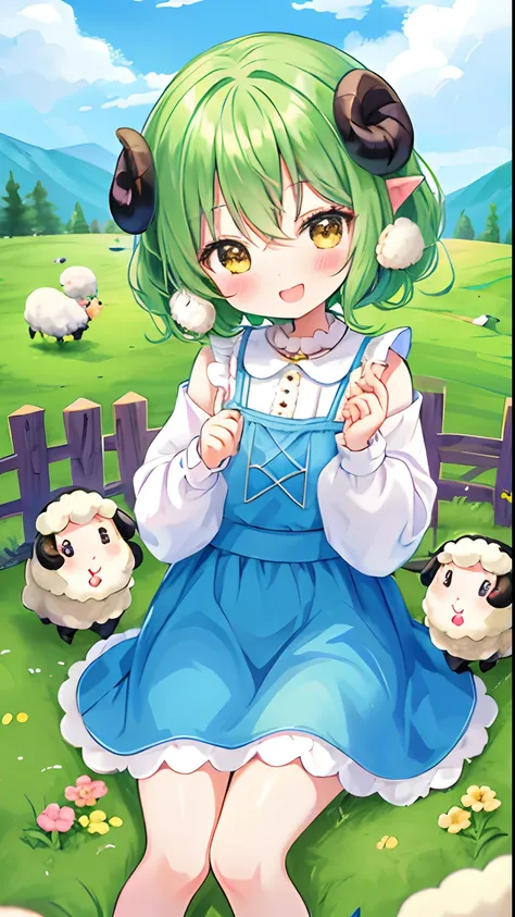 (chibi:1.3), sheep around, yellow sheep everywhere, flock of sheep, kawaiitech, kawaii, cute, colors, best quality, happy