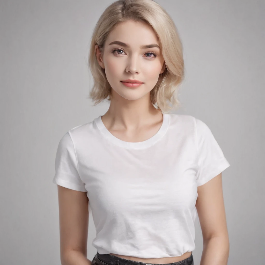 (photo: 1.3) af (realism: 1.4), (((white T-shirt))), blonde, (short-haired lady), super high resolution, (realism: 1.4), 1 girl, female avatar, soft light, black hair, smile, facial focus, cheerful, young, confident, ((gray background)), (((monochrome back...