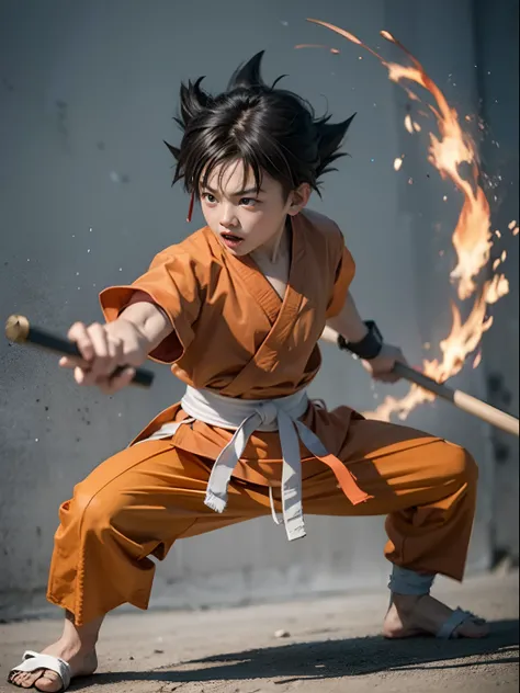 kid boy goku fighting with bo staff, kung fu, asian, martial arts