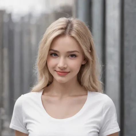 (photo: 1.3) af (realism: 1.4), (((white T-shirt))), (blond lady), super high resolution, (realism: 1.4), 1 girl, female avatar, soft light, Black hair, smile, facial focus, cheerful, young, confident, ((gray background)), (((monochrome background))), high...