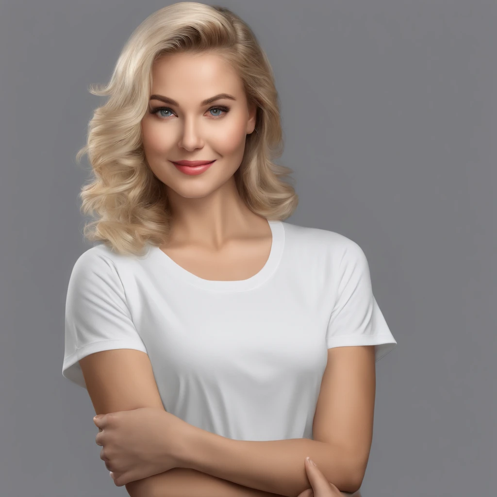 (photo: 1.3) af (realism: 1.4), (((white T-shirt))), (blond lady), super high resolution, (realism: 1.4), 1 girl, female avatar, soft light, Black hair, smile, facial focus, cheerful, young, confident, ((gray background)), (((monochrome background))), high...