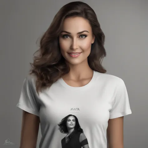 (photo: 1.3) af (realism: 1.4), (((white T-shirt))), (blond lady), super high resolution, (realism: 1.4), 1 girl, female avatar, soft light, Black hair, smile, facial focus, cheerful, young, confident, ((gray background)), (((monochrome background))), high...