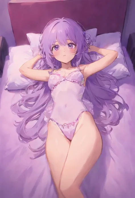 Lilac long-haired girl，Lying on the bed in underwear，One hand covers the chest